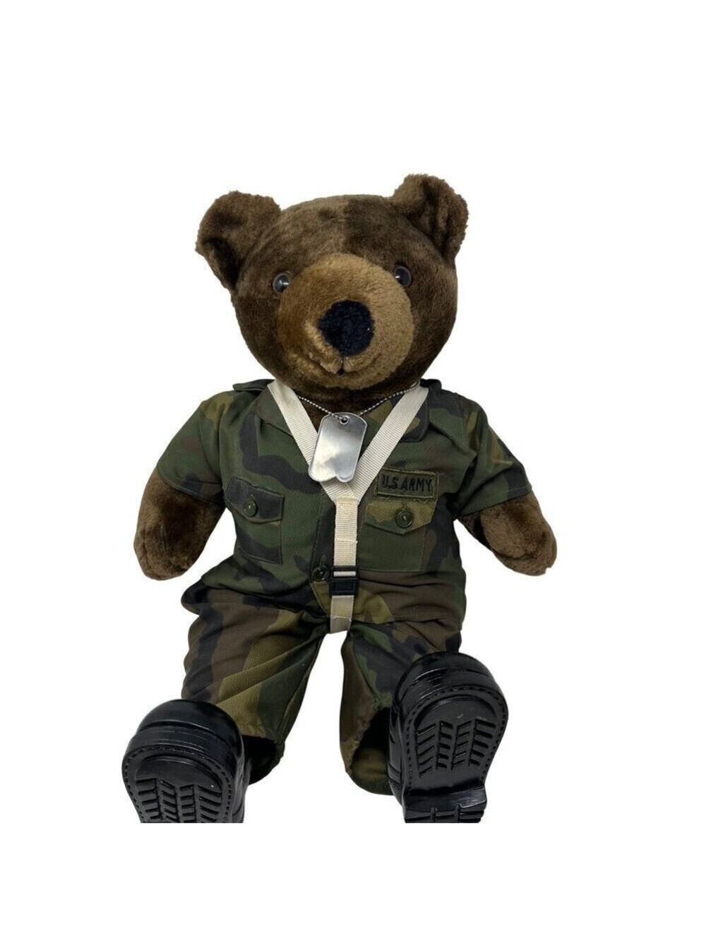 Vintage 1986 U.S. Army Camouflage Teddy Bear 20in With Dog Tags and  Boots READ